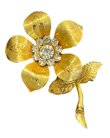 Vintage gold finish crystal rhinestone etched flower metal brooch