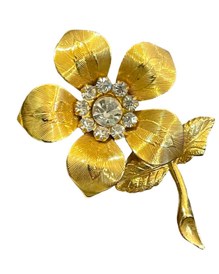 Vintage gold finish crystal rhinestone etched flower metal brooch