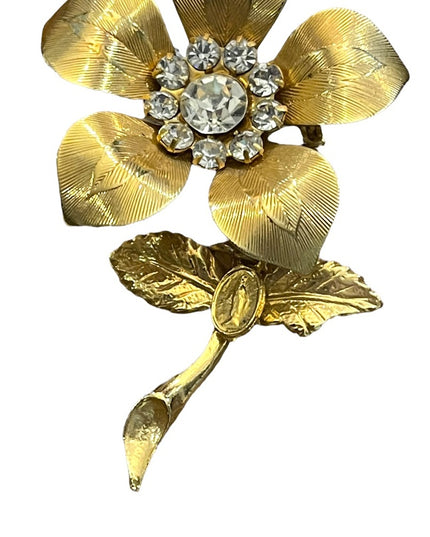 Vintage gold finish crystal rhinestone etched flower metal brooch