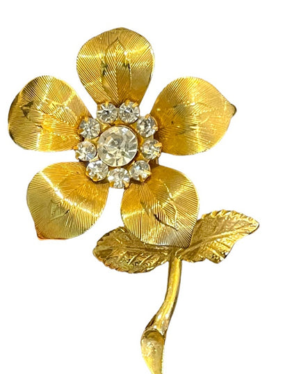 Vintage gold finish crystal rhinestone etched flower metal brooch