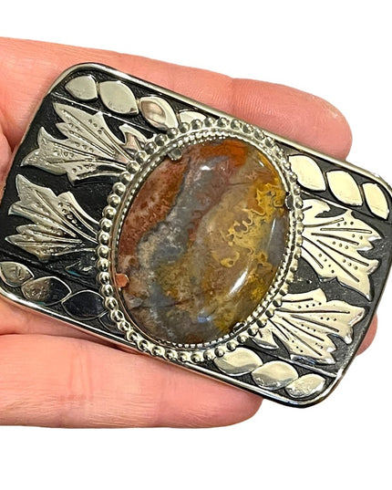 Vintage 1970s South Western Authentic Large Jasper silver finish belt buckle