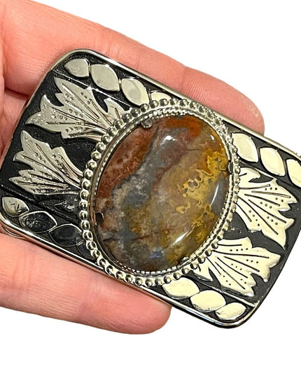 Vintage 1970s South Western Authentic Large Jasper silver finish belt buckle