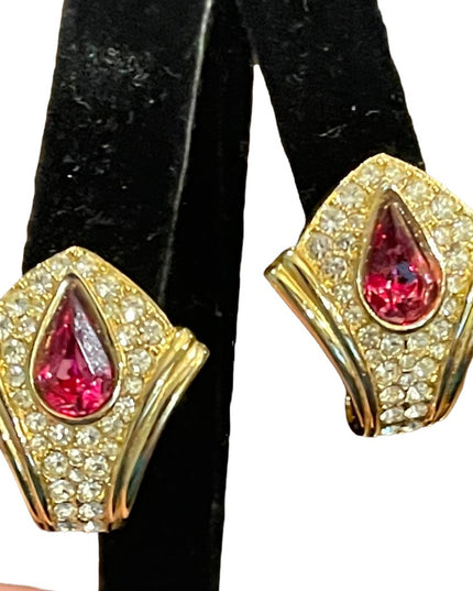 Vintage 1980s gold finish purple crystal fancy earrings
