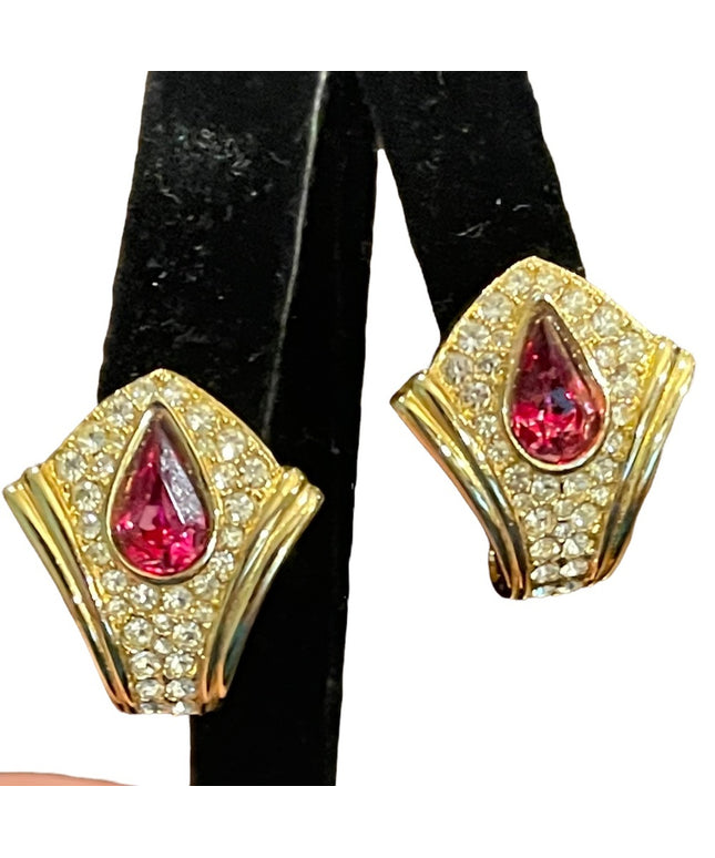 Vintage 1980s gold finish purple crystal fancy earrings