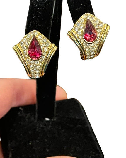Vintage 1980s gold finish purple crystal fancy earrings
