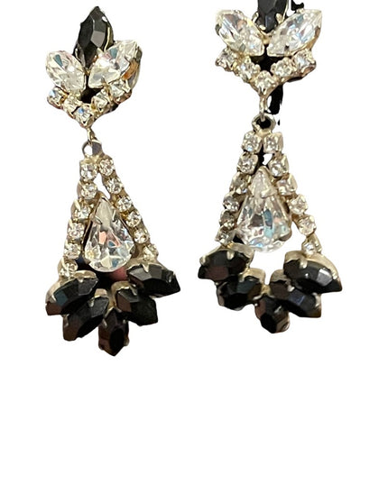 Vintage 1960s black & clear crystal dangle fancy earrings