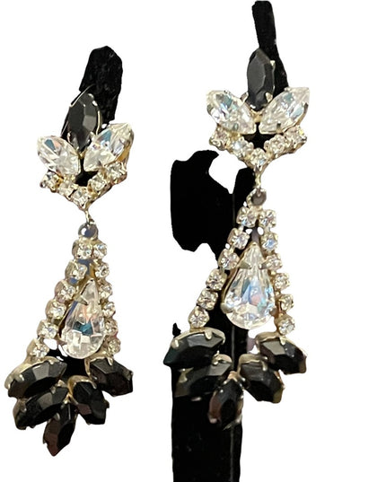 Vintage 1960s black & clear crystal dangle fancy earrings