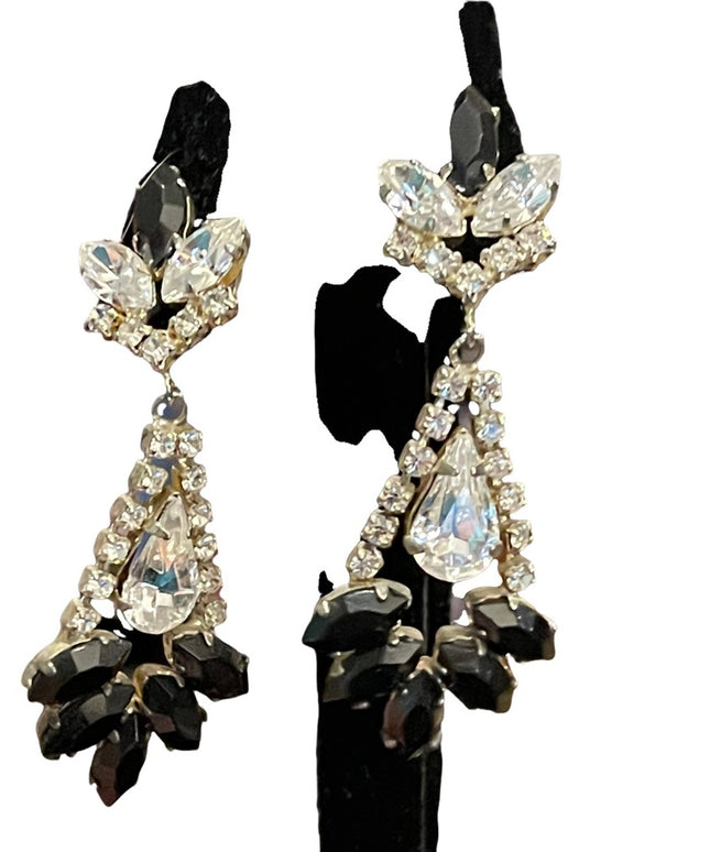 Vintage 1960s black & clear crystal dangle fancy earrings