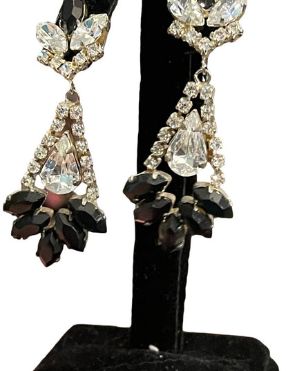 Vintage 1960s black & clear crystal dangle fancy earrings