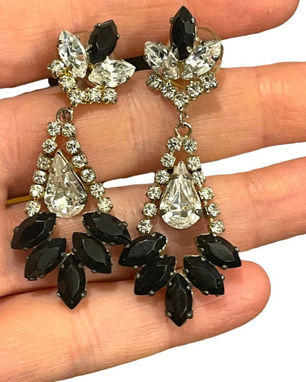 Vintage 1960s black & clear crystal dangle fancy earrings