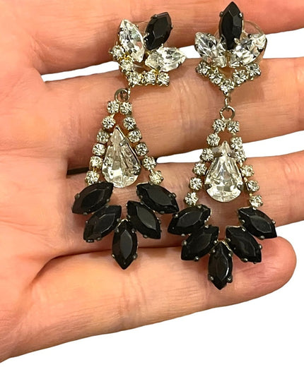 Vintage 1960s black & clear crystal dangle fancy earrings
