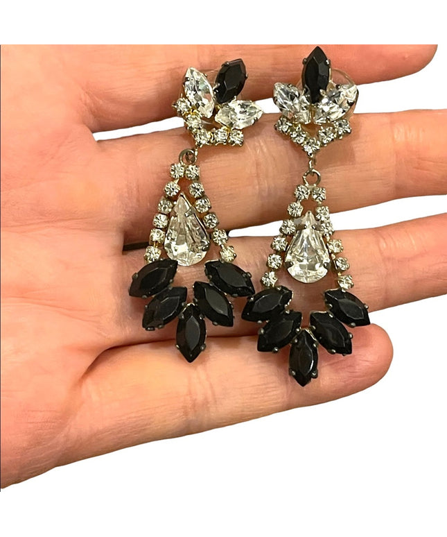 Vintage 1960s black & clear crystal dangle fancy earrings