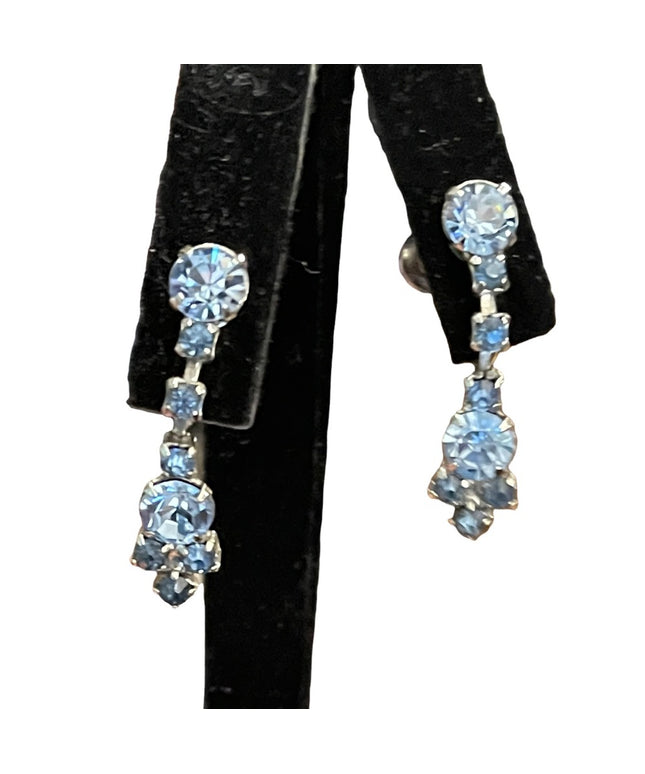 Vintage 1960s blue crystal silver finish dangle crystal earrings CORO