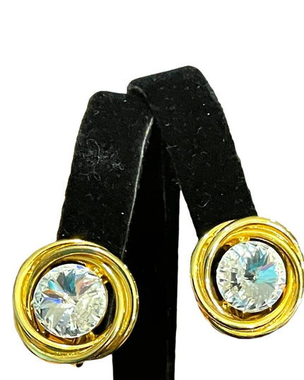 Vintage 1980s gold finish large AB sparkle crystal clip on earrings