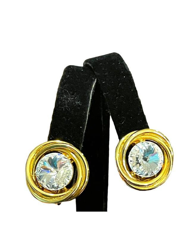 Vintage 1980s gold finish large AB sparkle crystal clip on earrings