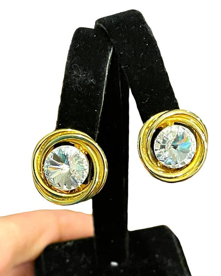 Vintage 1980s gold finish large AB sparkle crystal clip on earrings