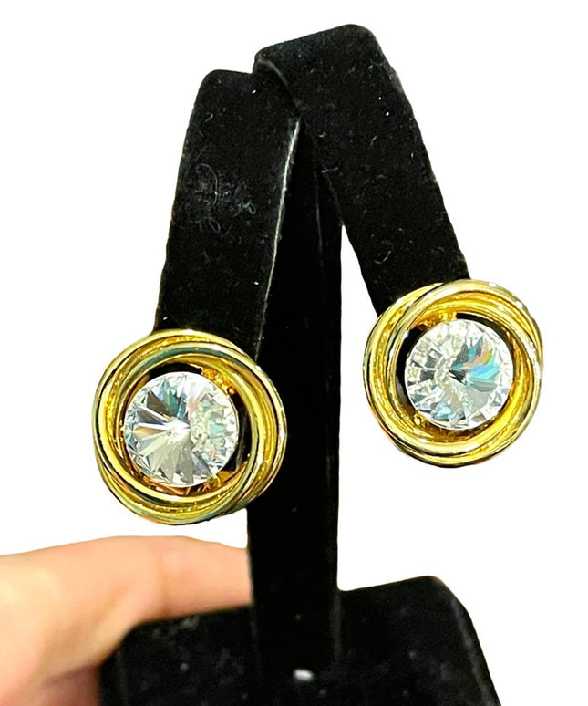 Vintage 1980s gold finish large AB sparkle crystal clip on earrings