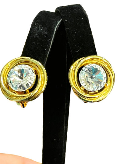 Vintage 1980s gold finish large AB sparkle crystal clip on earrings