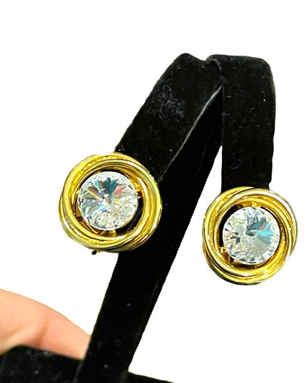 Vintage 1980s gold finish large AB sparkle crystal clip on earrings