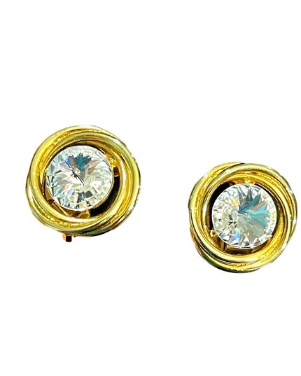 Vintage 1980s gold finish large AB sparkle crystal clip on earrings