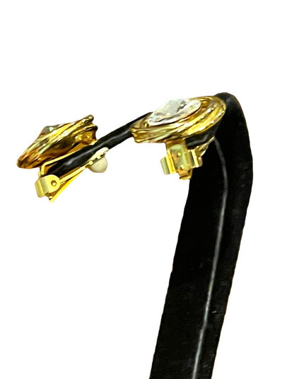 Vintage 1980s gold finish large AB sparkle crystal clip on earrings