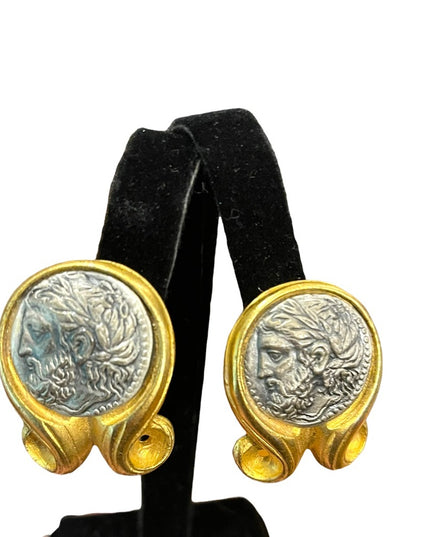 Vintage Large ornate Roman Greek coin fancy clip on earrings gold finish