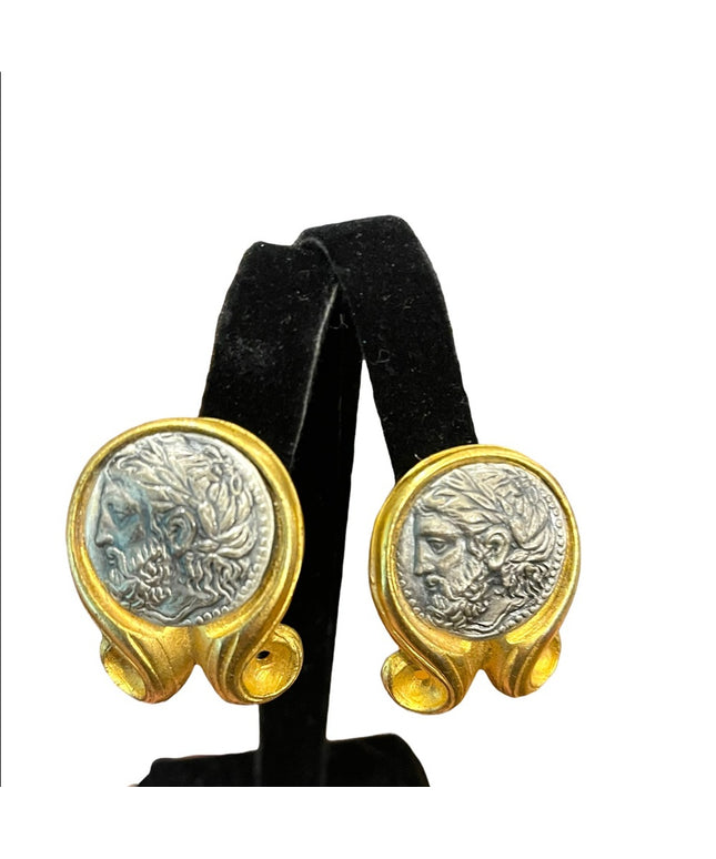 Vintage Large ornate Roman Greek coin fancy clip on earrings gold finish