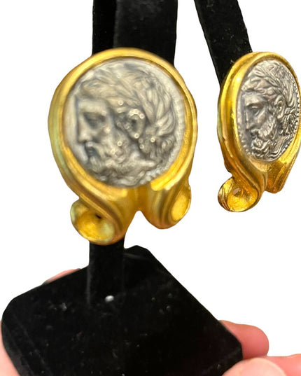Vintage Large ornate Roman Greek coin fancy clip on earrings gold finish