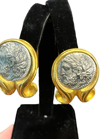 Vintage Large ornate Roman Greek coin fancy clip on earrings gold finish