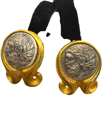 Vintage Large ornate Roman Greek coin fancy clip on earrings gold finish
