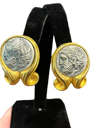 Vintage Large ornate Roman Greek coin fancy clip on earrings gold finish