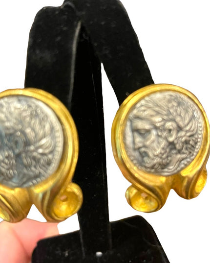 Vintage Large ornate Roman Greek coin fancy clip on earrings gold finish