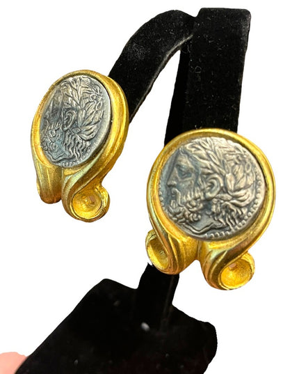 Vintage Large ornate Roman Greek coin fancy clip on earrings gold finish