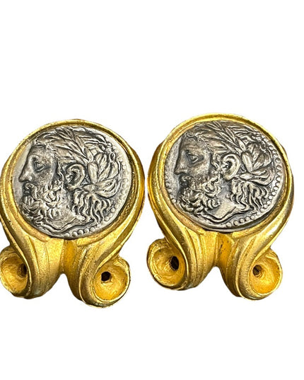 Vintage Large ornate Roman Greek coin fancy clip on earrings gold finish