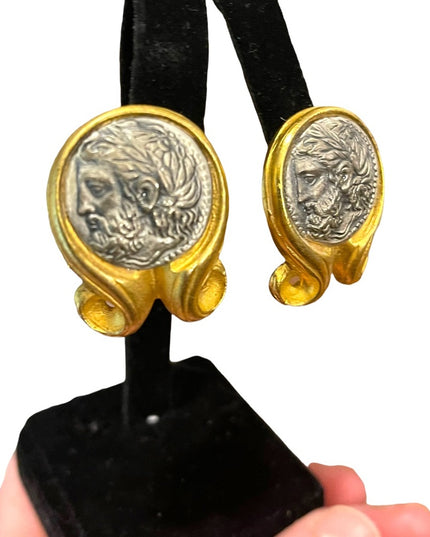 Vintage Large ornate Roman Greek coin fancy clip on earrings gold finish