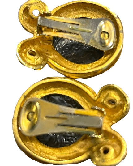Vintage Large ornate Roman Greek coin fancy clip on earrings gold finish