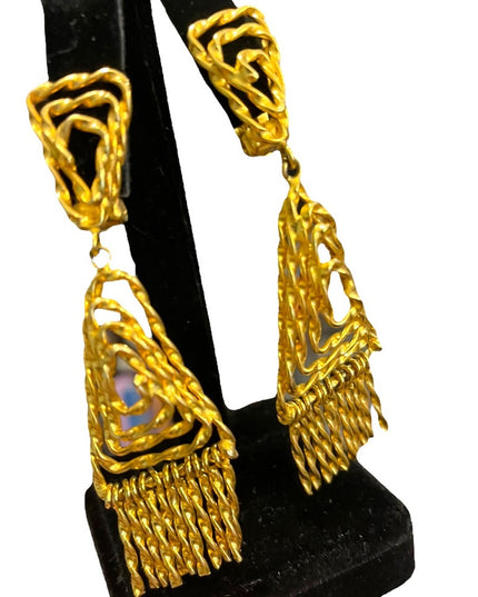Vintage 1960s Egyptian Revival gold ornate dangle triangle clip on earrings