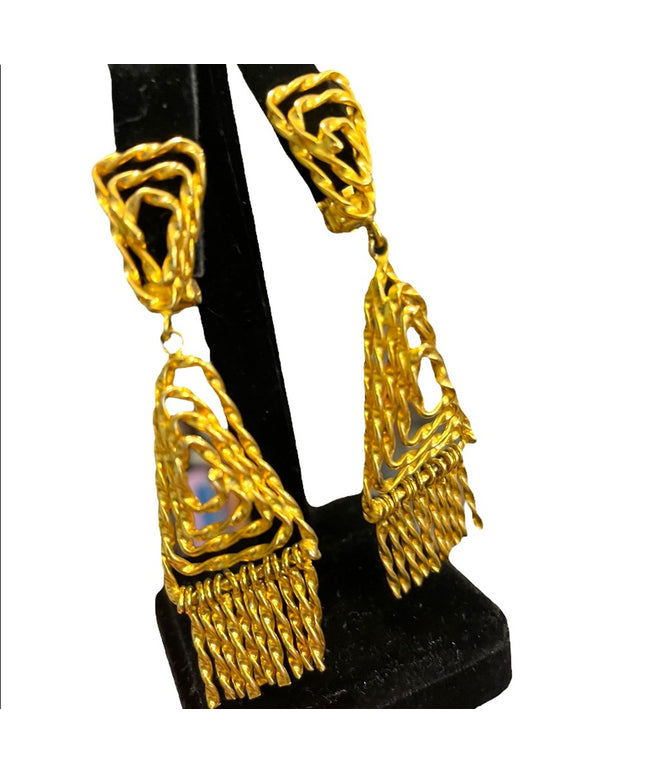 Vintage 1960s Egyptian Revival gold ornate dangle triangle clip on earrings