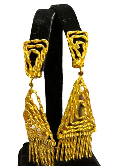 Vintage 1960s Egyptian Revival gold ornate dangle triangle clip on earrings