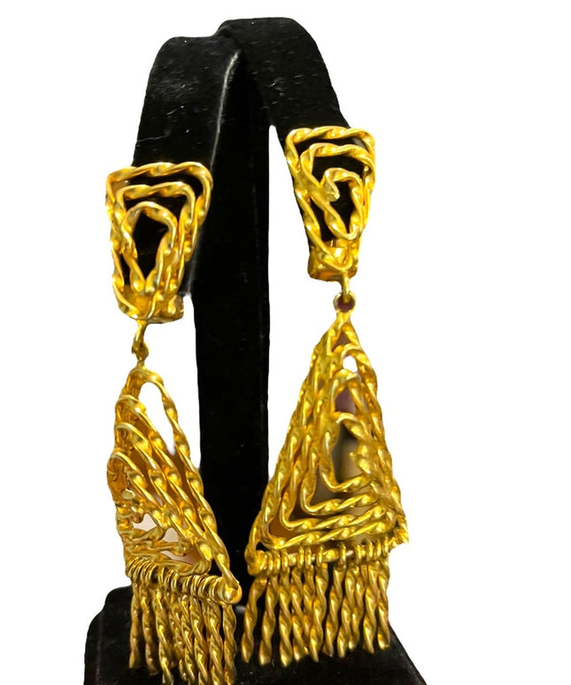 Vintage 1960s Egyptian Revival gold ornate dangle triangle clip on earrings