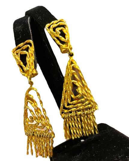 Vintage 1960s Egyptian Revival gold ornate dangle triangle clip on earrings