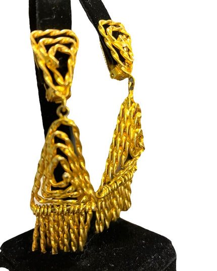 Vintage 1960s Egyptian Revival gold ornate dangle triangle clip on earrings