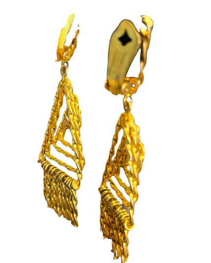 Vintage 1960s Egyptian Revival gold ornate dangle triangle clip on earrings