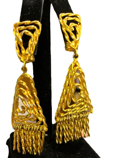 Vintage 1960s Egyptian Revival gold ornate dangle triangle clip on earrings