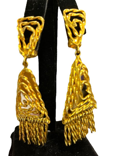 Vintage 1960s Egyptian Revival gold ornate dangle triangle clip on earrings