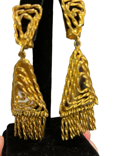 Vintage 1960s Egyptian Revival gold ornate dangle triangle clip on earrings