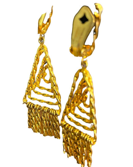 Vintage 1960s Egyptian Revival gold ornate dangle triangle clip on earrings