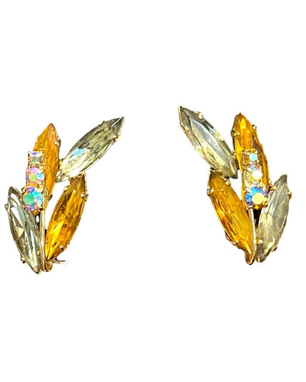 Vintage yellow crystal fancy leaf earrings clip on gold finish