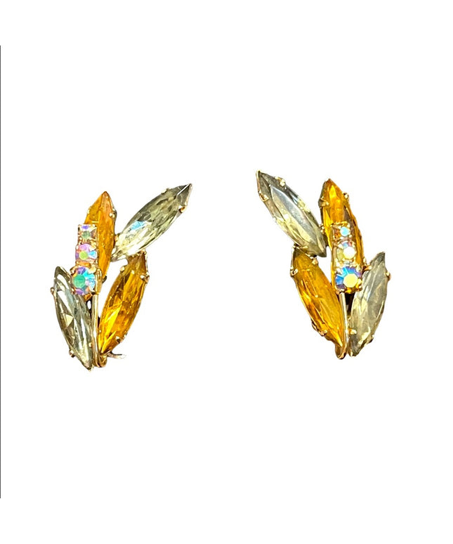Vintage yellow crystal fancy leaf earrings clip on gold finish
