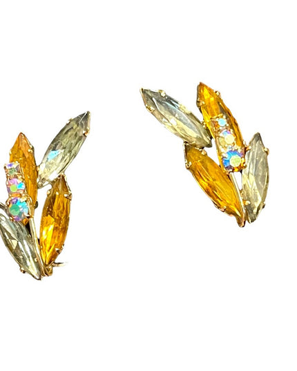 Vintage yellow crystal fancy leaf earrings clip on gold finish